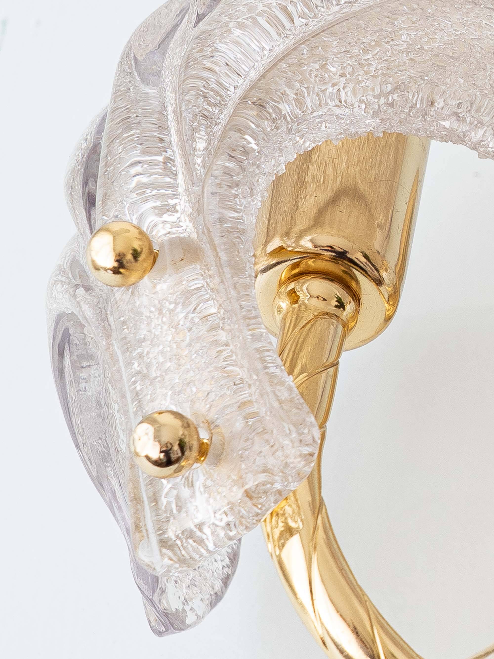 Murano Graniglia Glass Double-Leaf Brass Wall Sconce, Italy, 1960s