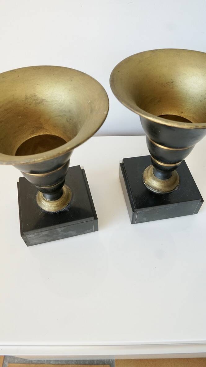 Pair of Art Deco enamelled brass casseroles, black and white marble base