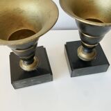 Pair of Art Deco enamelled brass casseroles, black and white marble base