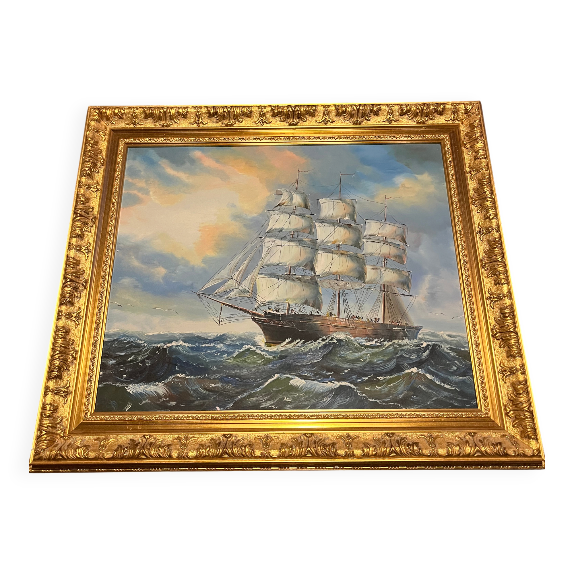 Large Marine Painting 3-Mast Sailing Ship - Sunset Sky