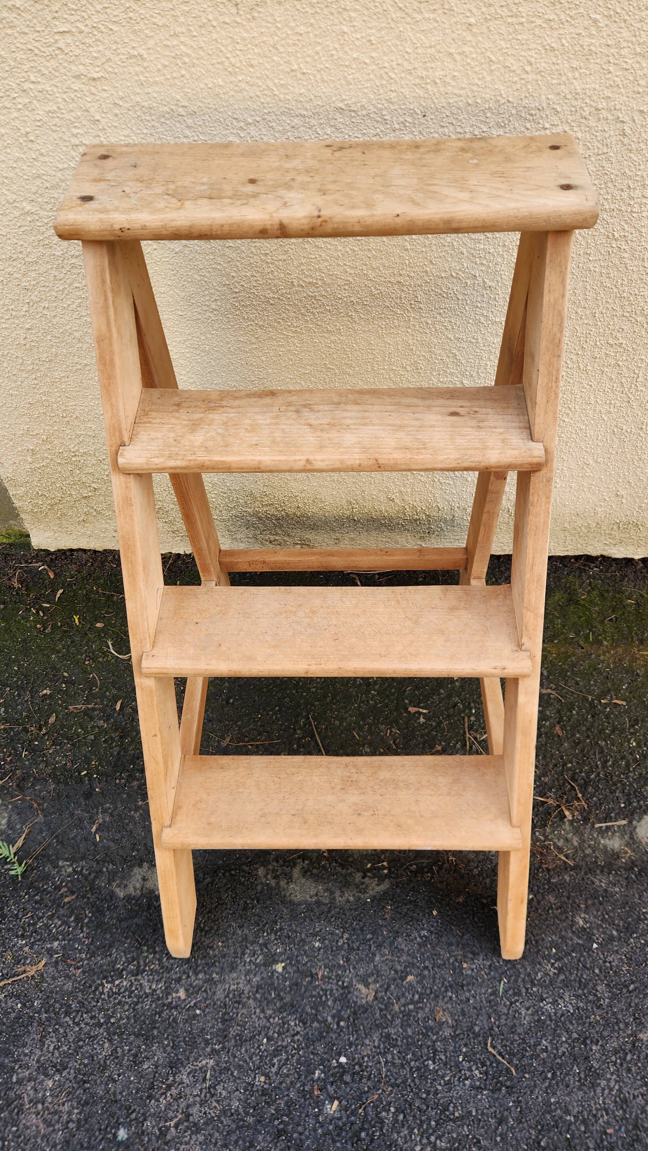 Solid wood step stool, sanded, from the 1960s-1970s.