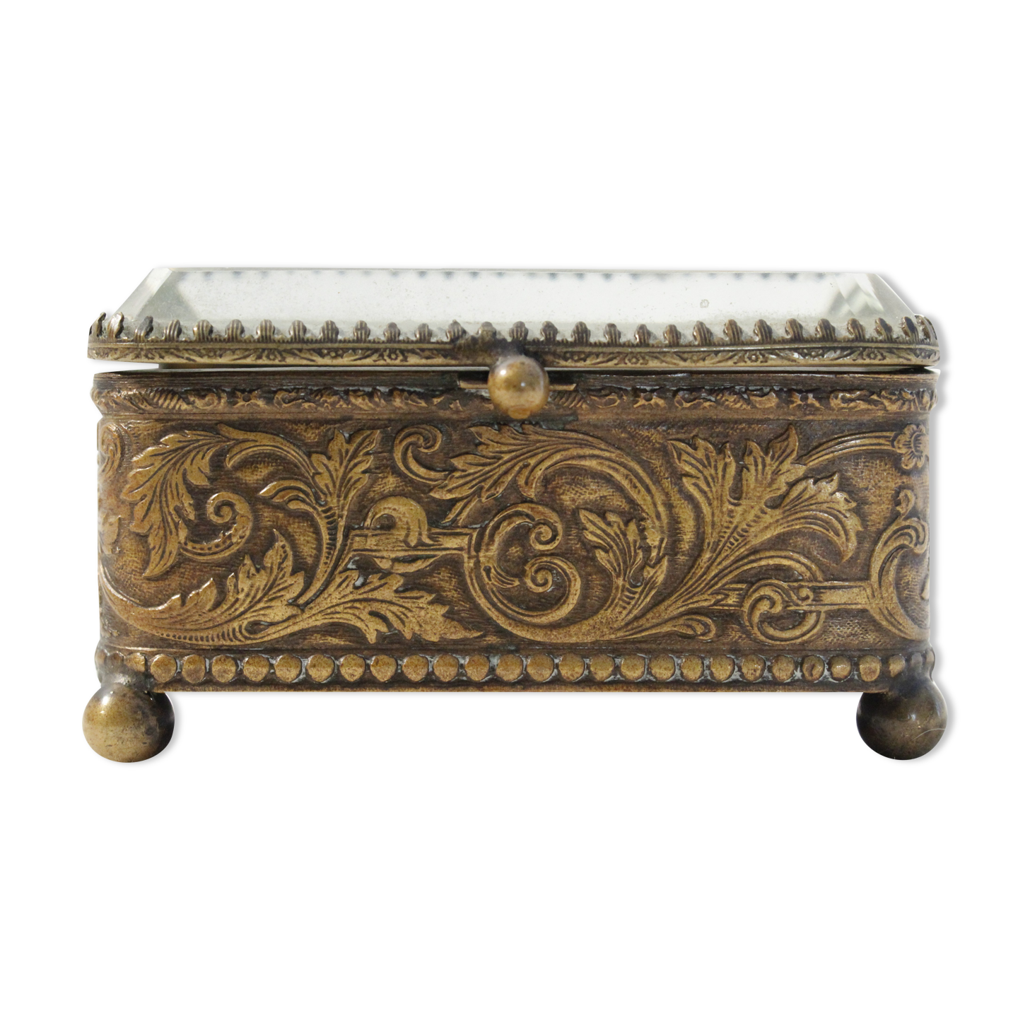 Antique jewelry box Napoleon III in brass and beveled glass