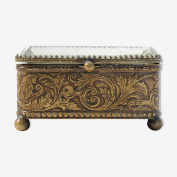 Boîte à bijoux ancienne Napoléon III en laiton et en verre biseauté