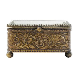 Boîte à bijoux ancienne Napoléon III en laiton et en verre biseauté