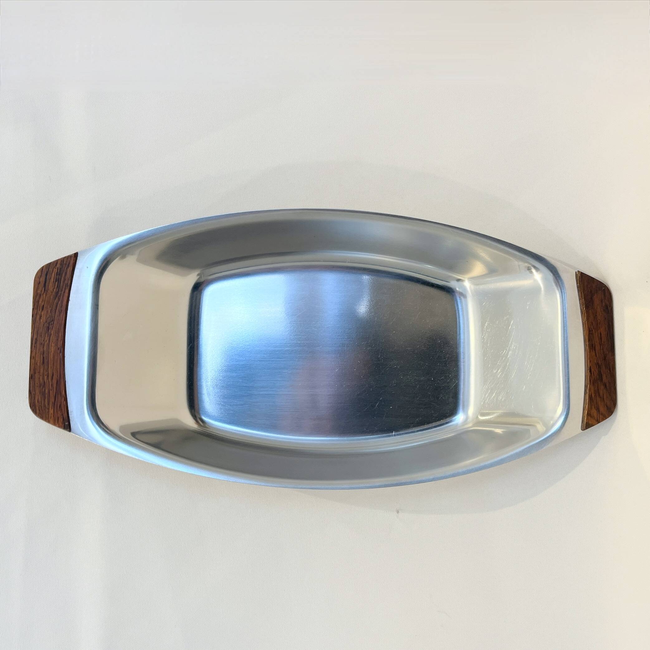 Large rectangular stainless steel and teak dish Braun & Kemmler West Germany 1970