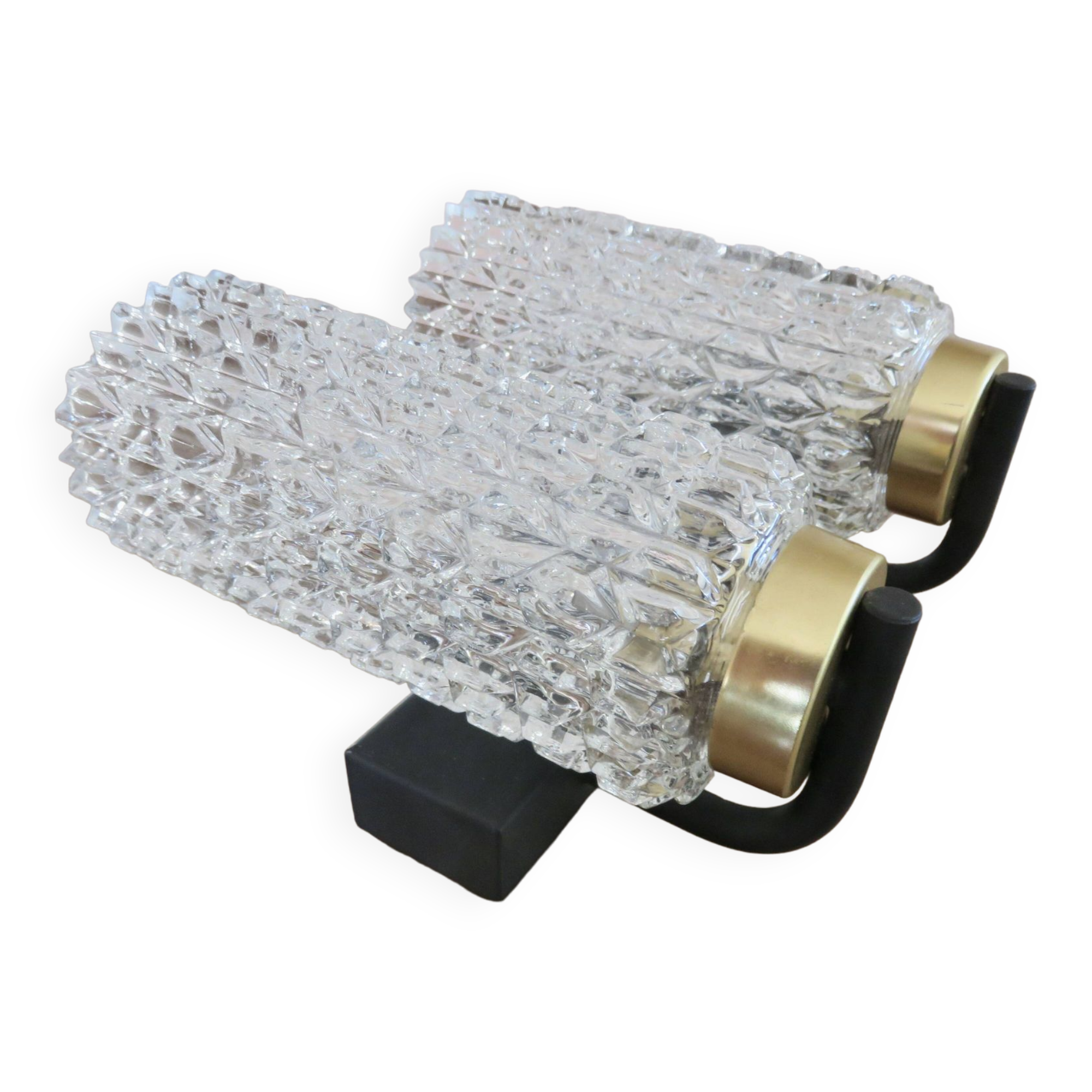 Arlus style double wall lamp in gold metal and black lacquered metal, diamond tip glass 1960