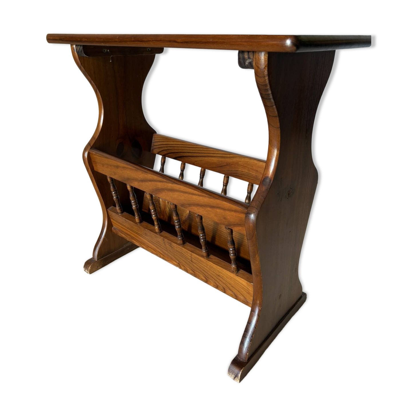 Turned wood magazine rack side table – vintage rustic style