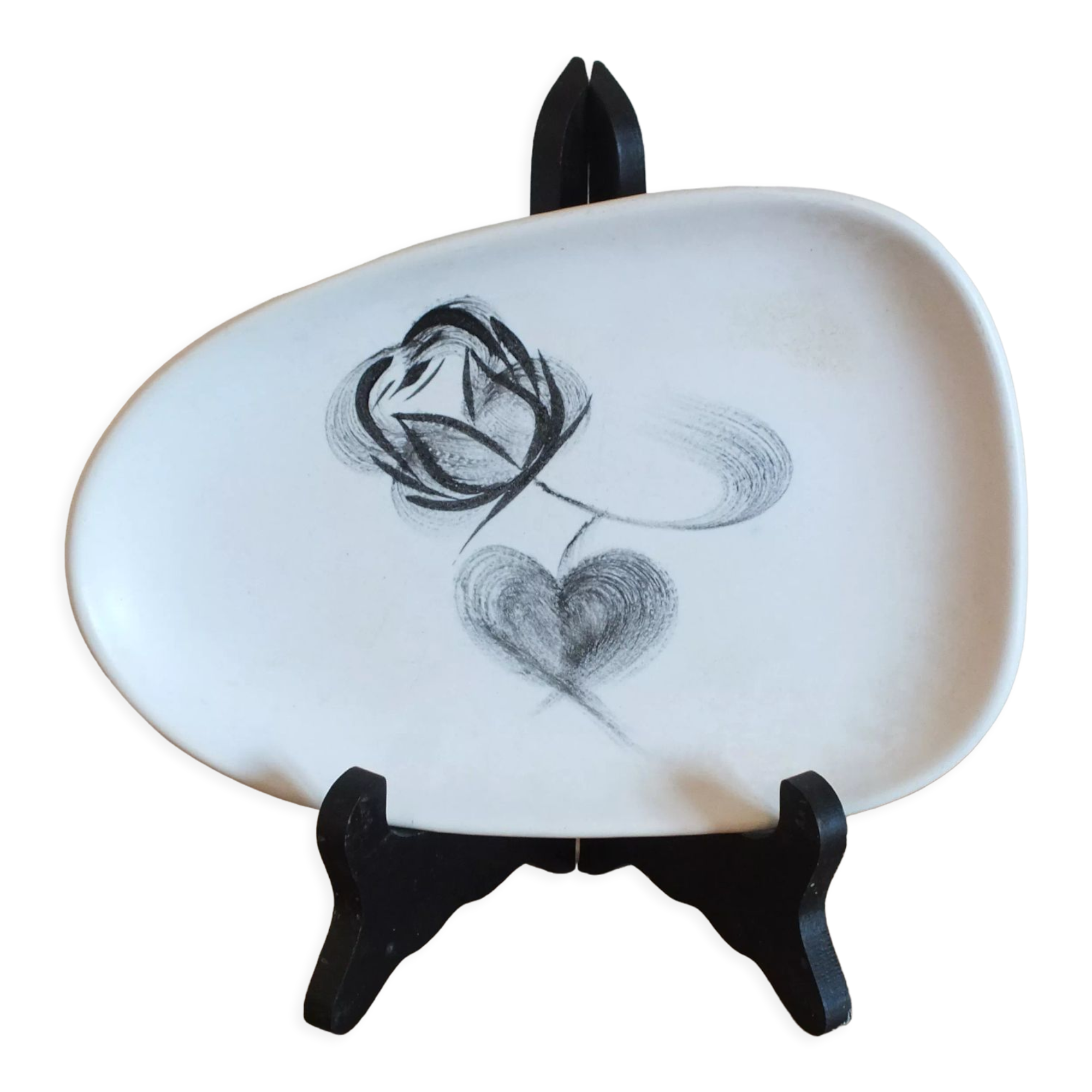 Ravier vintage forme libre Niderviller modèle rose noire