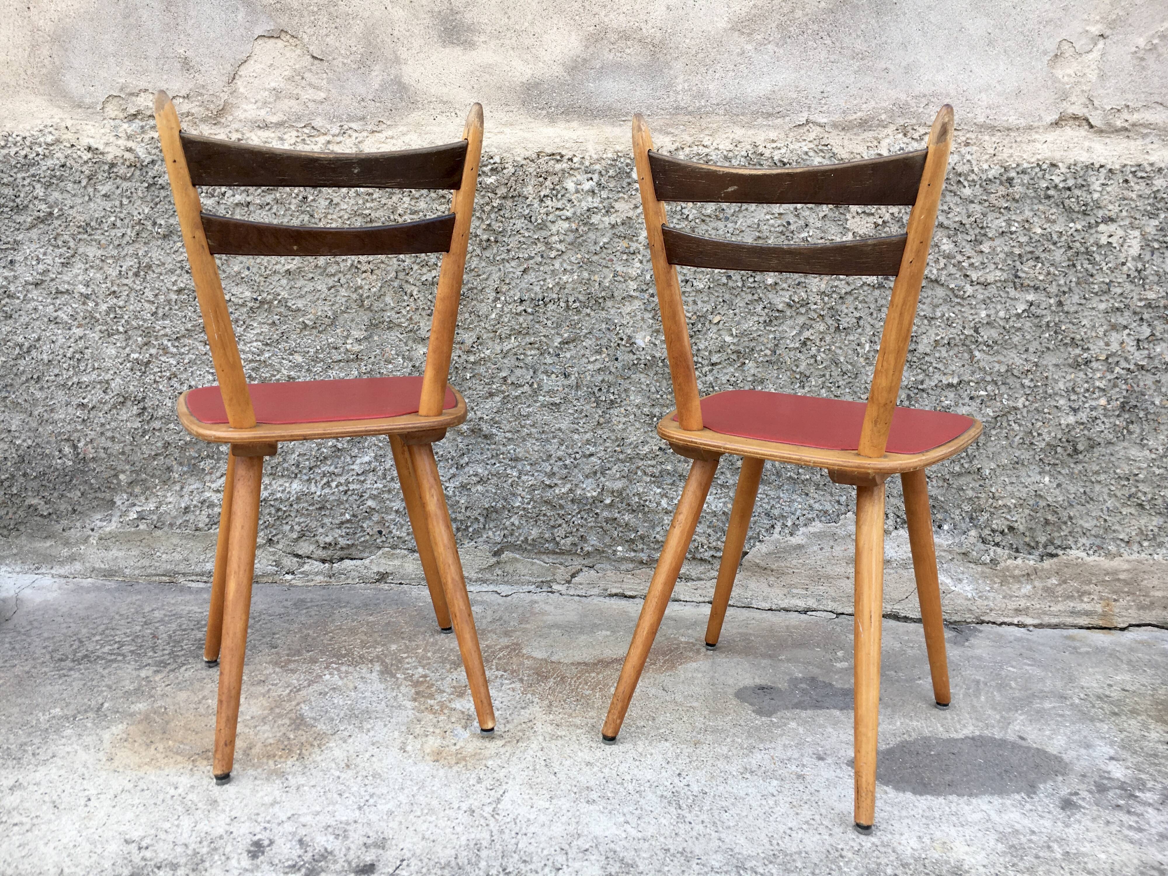 Pair of bistro and bohemian beech chairs, compass feet 1950