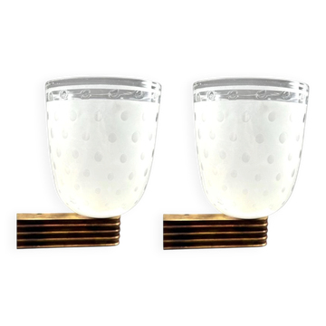 Large Art Deco Wall Lights in Blown Glass and Brass, Italy, 1940s, Set of 2