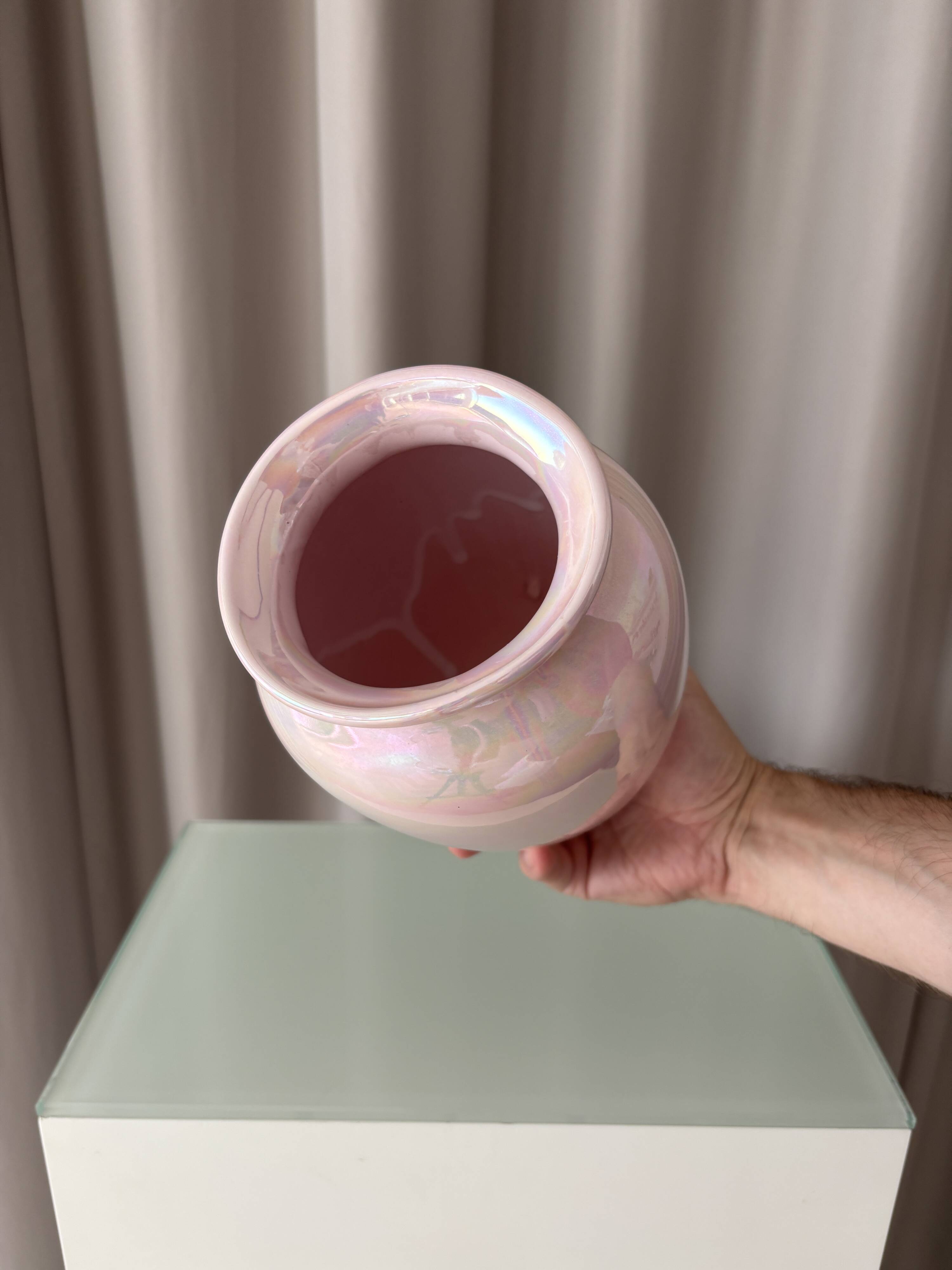 Vintage Pink Iridescent Ceramic Vase | Pearlescent Lustre Glaze | Postmoder
