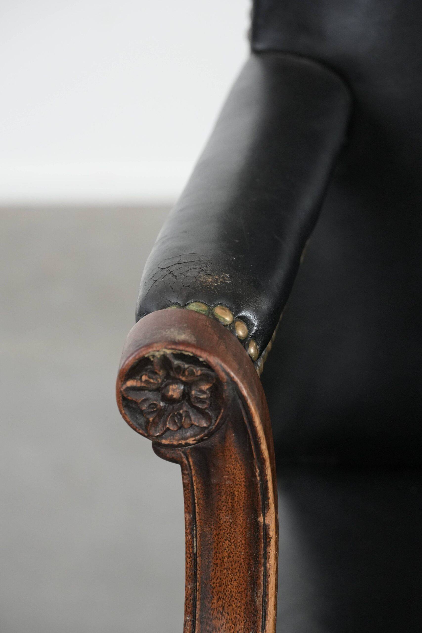 Wooden and black cow leather antique English Gainsborough side/desk/chair