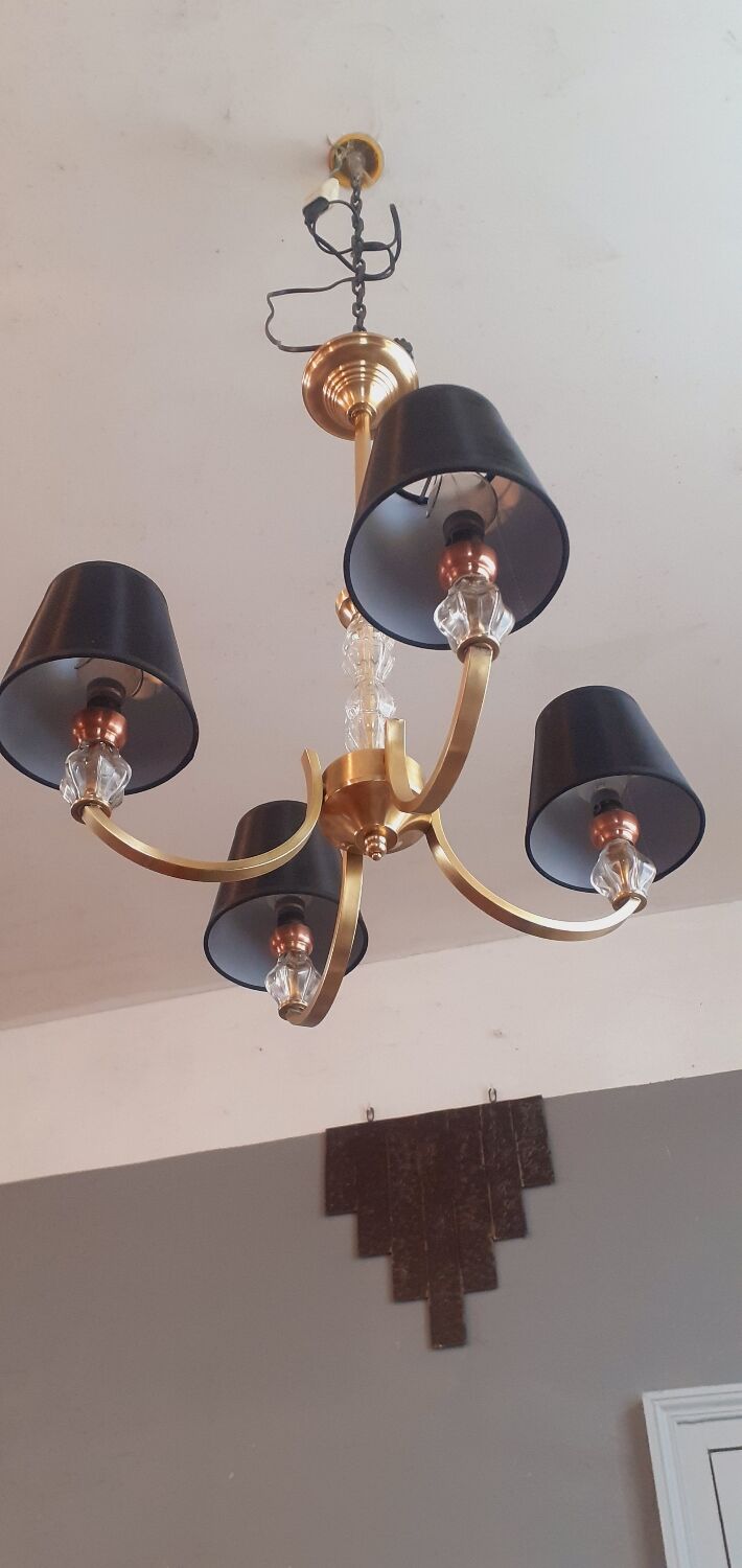 Vintage chandelier year 50 in brass and molded glass