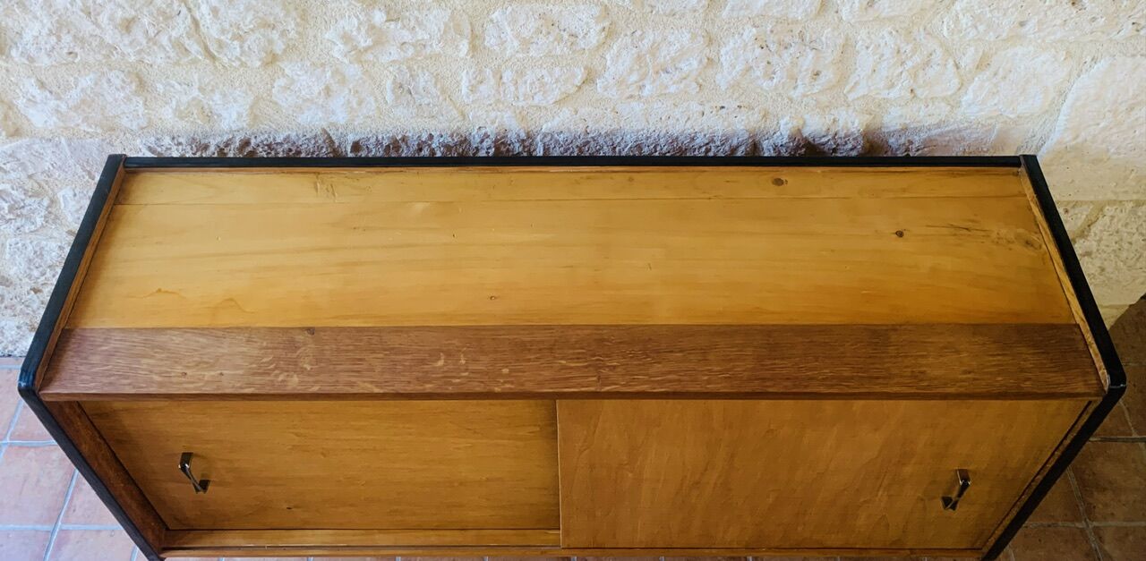 Small vintage row with sliding doors, metal legs Circa 50's