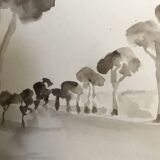 Painting signed monochrome watercolor “pine forest in Provence”