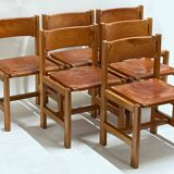 Set of 6 Maison Regain Chairs - Solid Elm and Fawn Leather - Circa 70