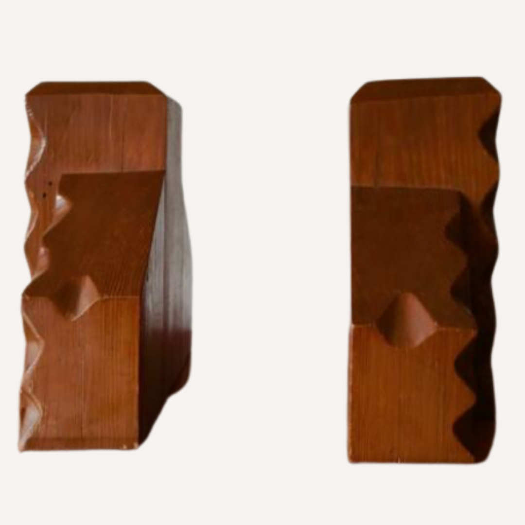 Brutalist carved wooden book ends, Dutch 1960s