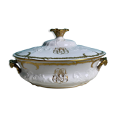 Soupière, légumier en porcelaine fine de Limoges blanche et dorée, monogramme PJC