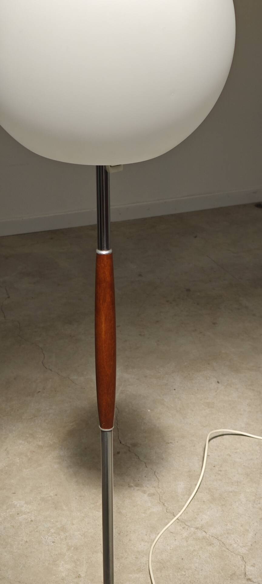 Modernist floor lamp in teak, chrome metal, opaline, Czechoslovakia 60s