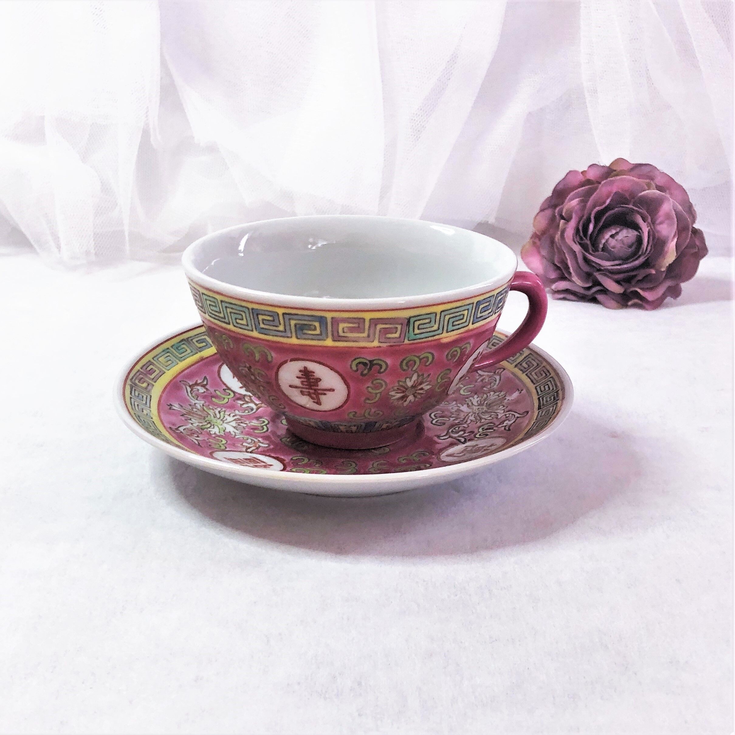 Chinese Cup and saucer Wan Shou Wu Jiang vintage