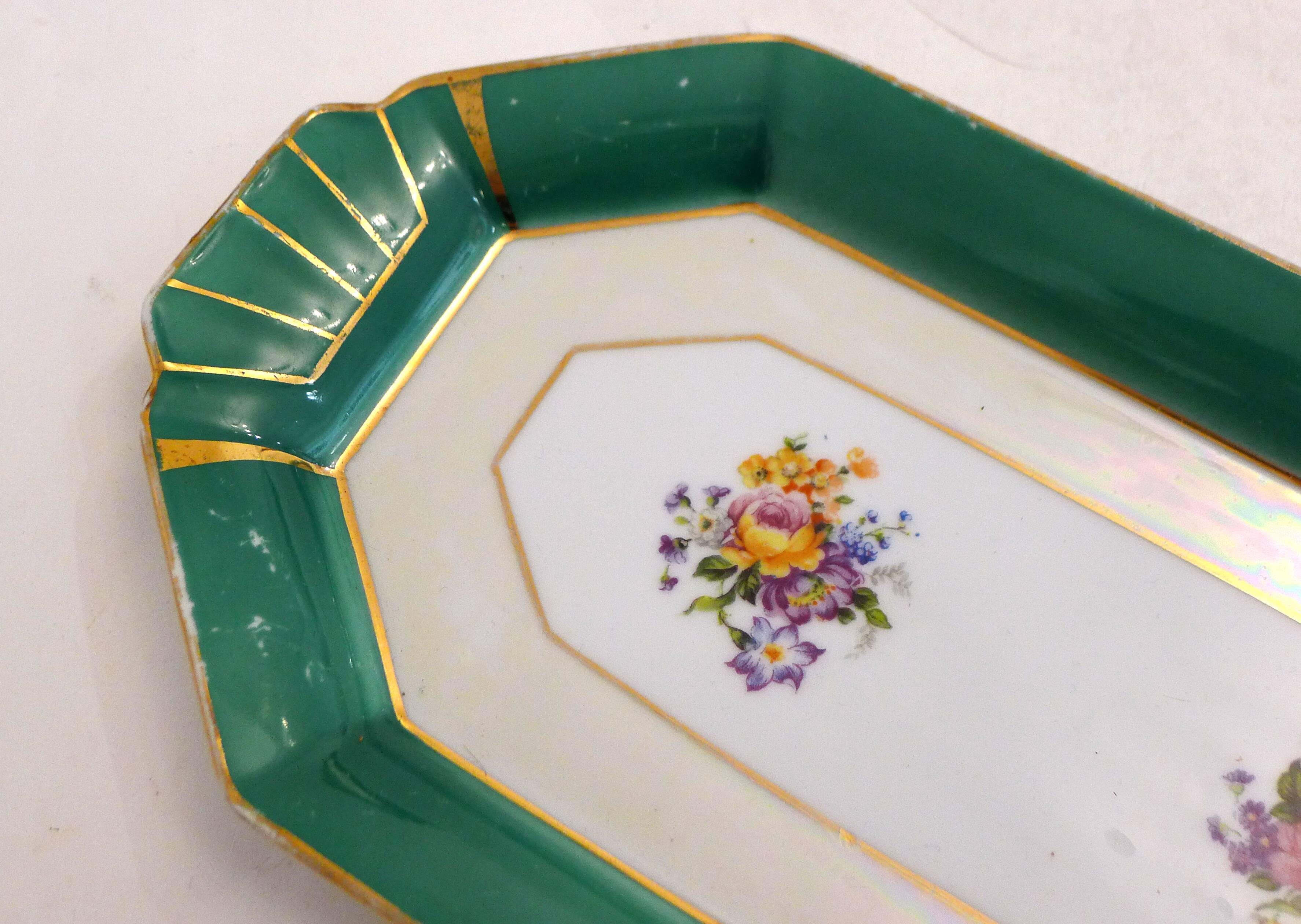 Art Deco floral iridescent cake dish in Limoges porcelain