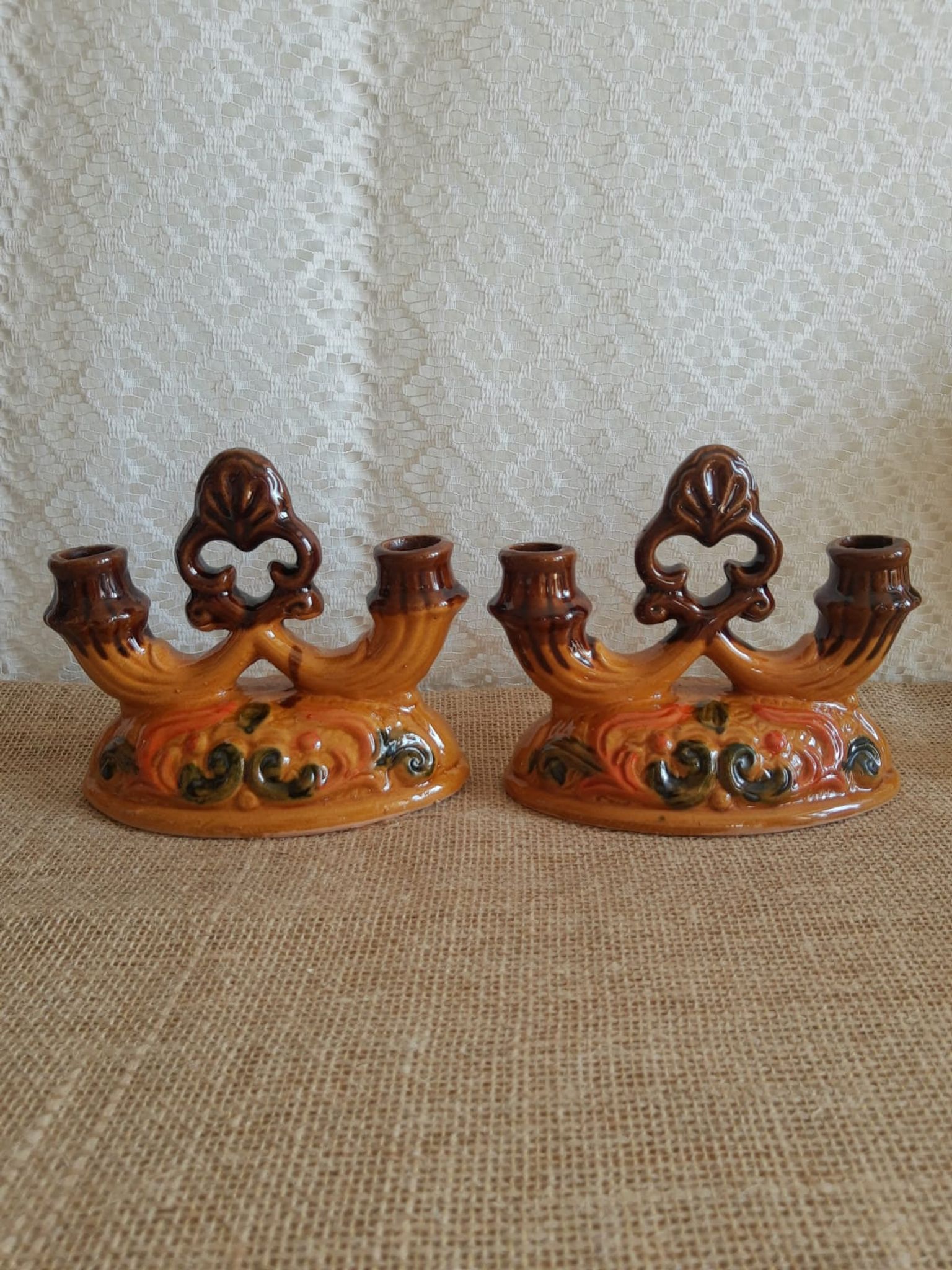 Paire de bougeoirs double barbotine - vintage