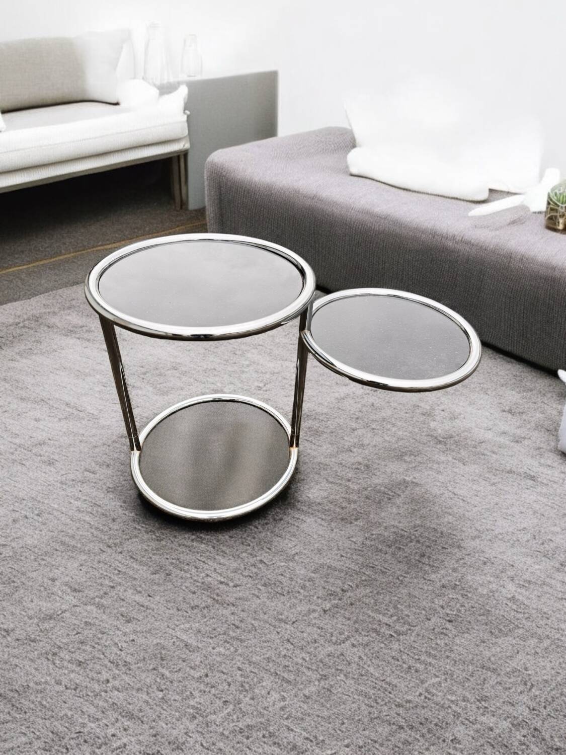 Side table with 2 shelves in chromed metal and smoked glass, circa 1970