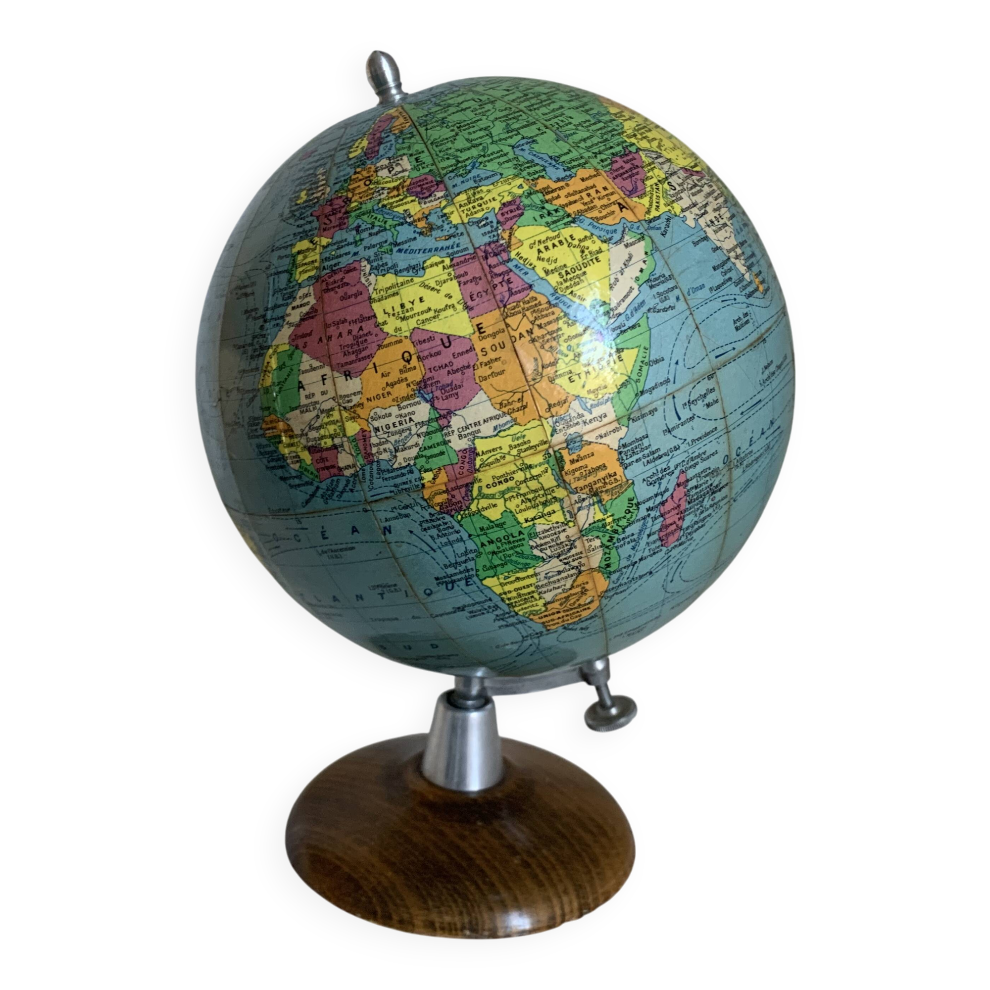 Globe terrestre vintage 1960 Girard et Barrère bois mappemonde - 29 cm