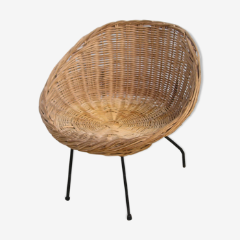 Fauteuil "coquille" pour enfant en rotin et métal années 70