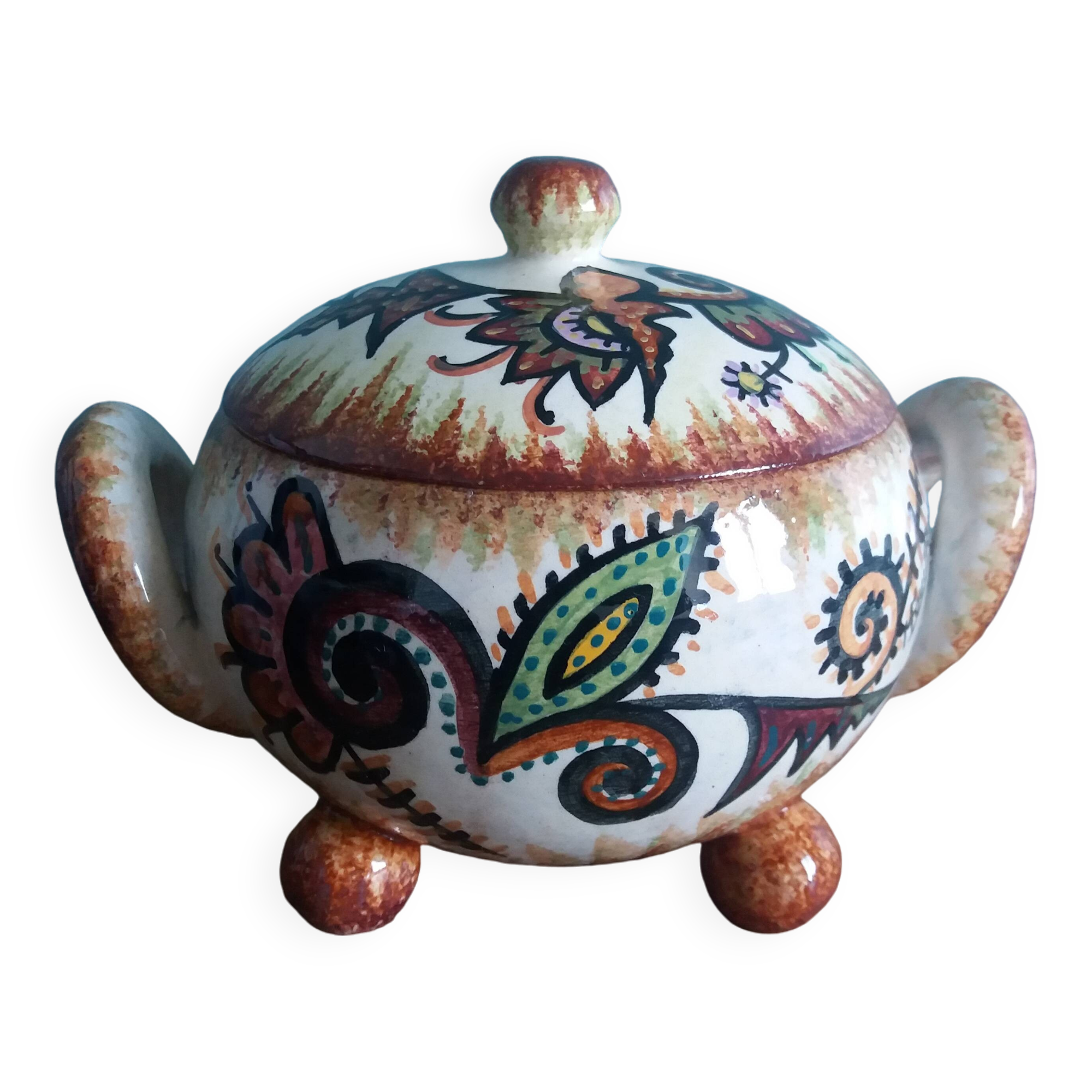 Covered pot workshop Paul Fouillen Quimper signed Maurice Fouillen