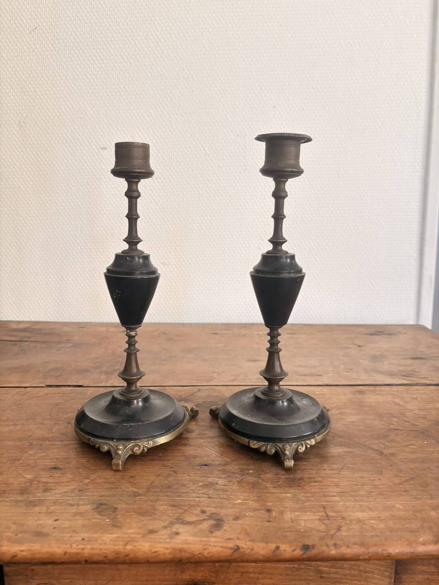 Pair of Antique Patinated Bronze and Brass Candle Holders Napoleon III Fireplace Garnish