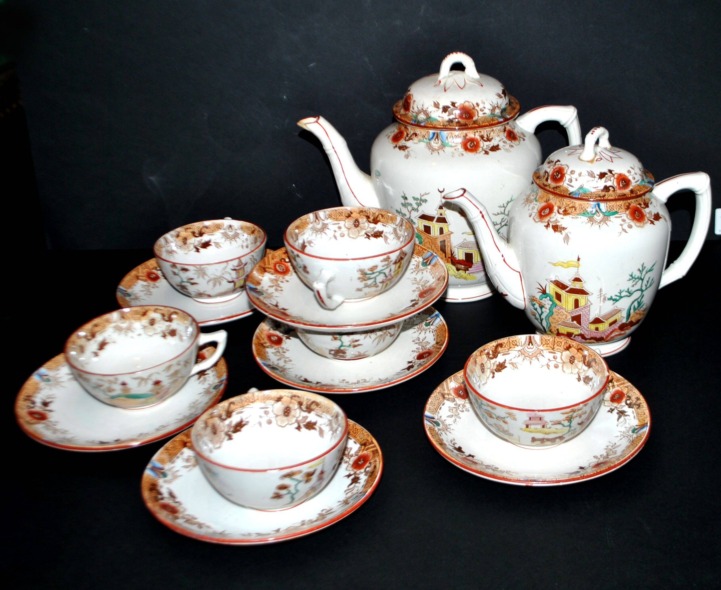 Sarreguemines coffee set 6 cups + 2 earthenware coffee pots with Chinese bamboo decor