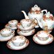 Sarreguemines coffee set 6 cups + 2 earthenware coffee pots with Chinese bamboo decor