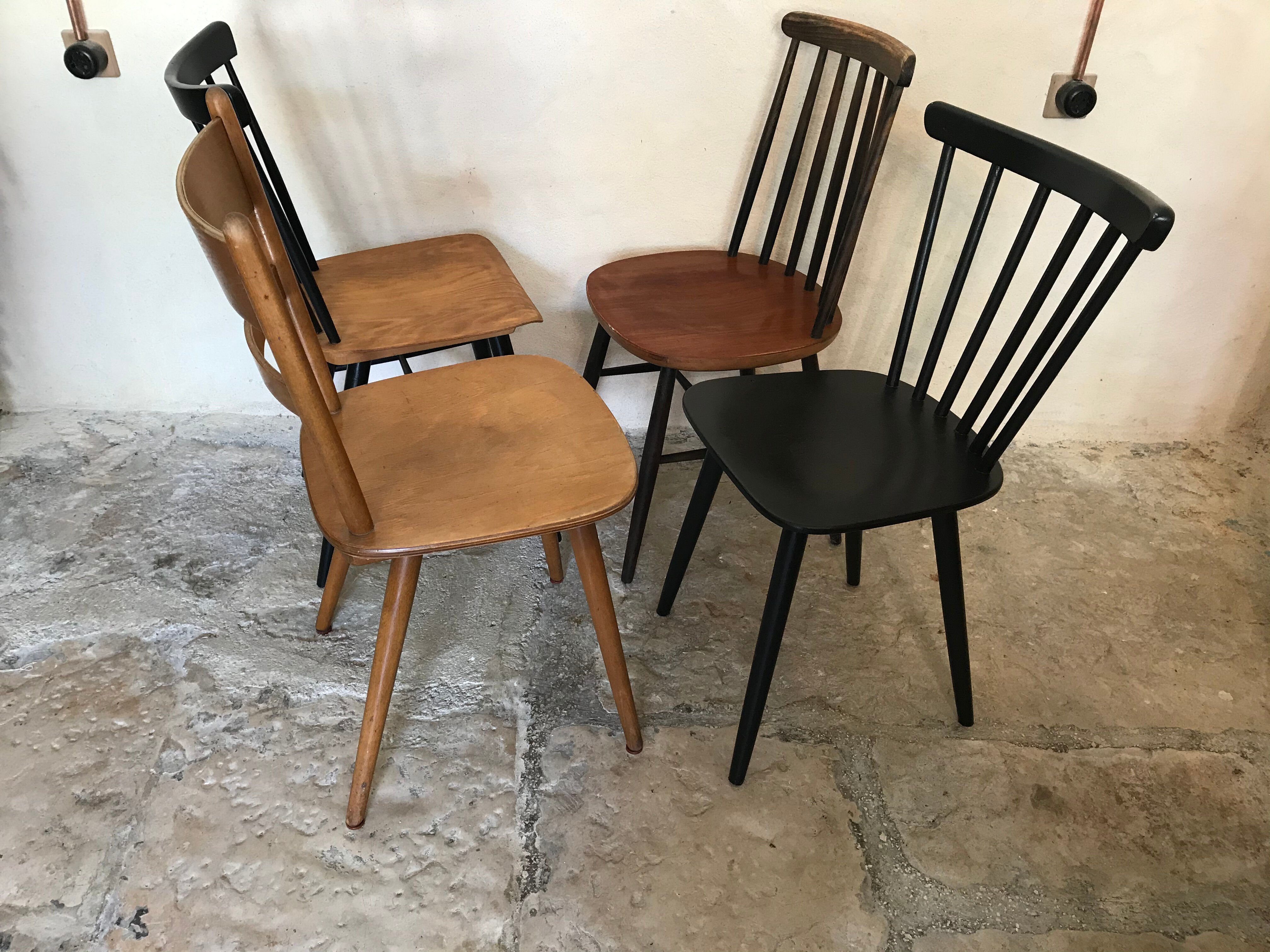 Set of 4 mismatched vintage chairs compass feet