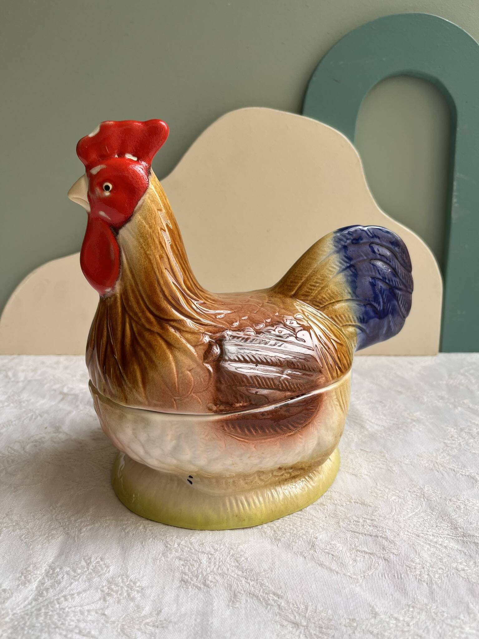 Terrine Michel Caugant rooster or hen in polychrome earthenware
