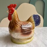 Terrine Michel Caugant rooster or hen in polychrome earthenware