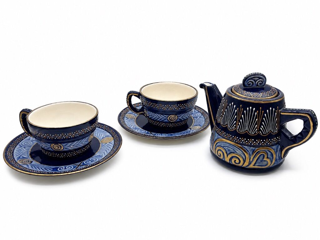 HB Quimper cobalt blue tea set teapot and 2 earthenware cups