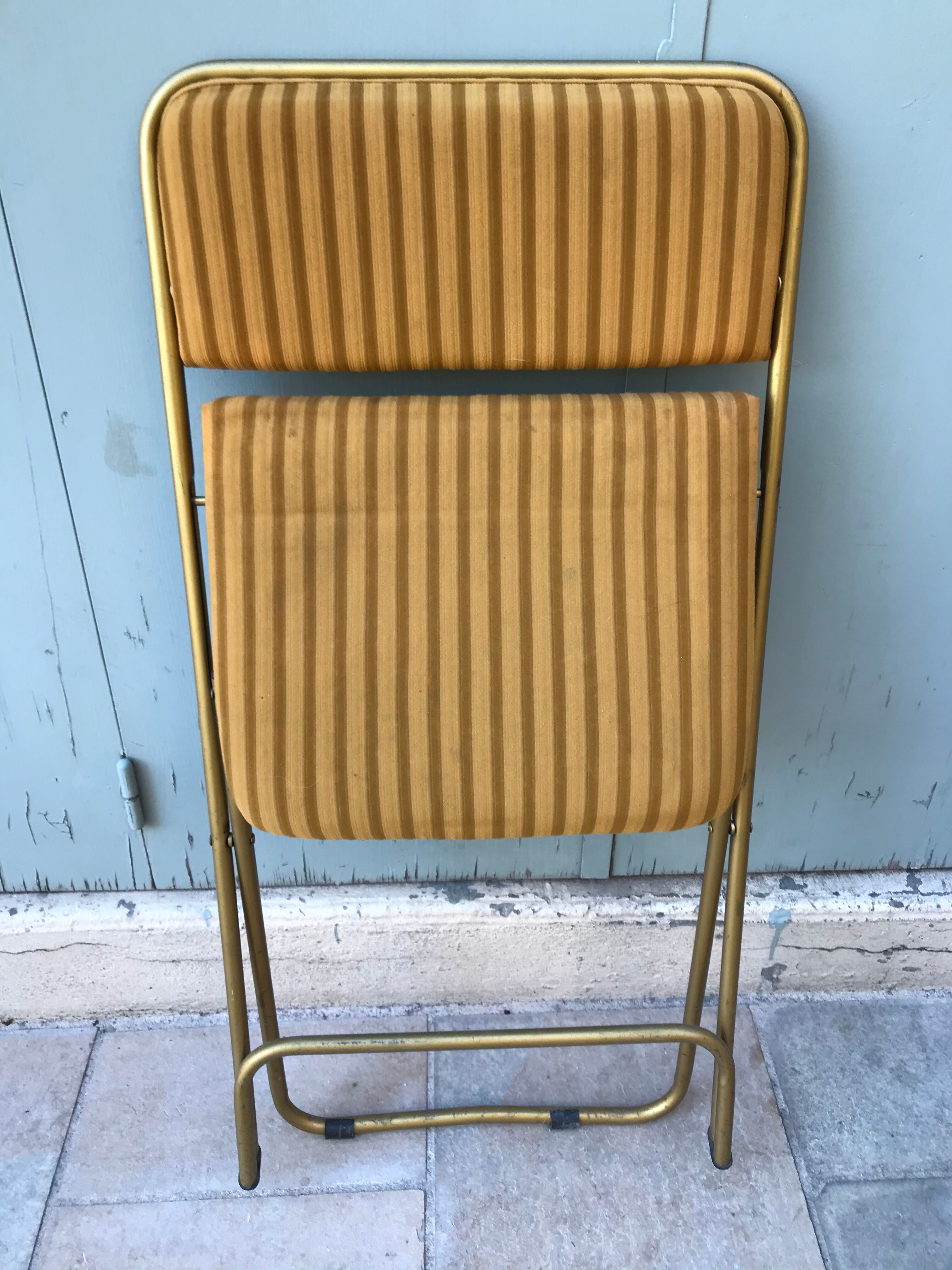 Set of 4 folding chairs in brass and mustard velvet striped by "Lafuma" 1960