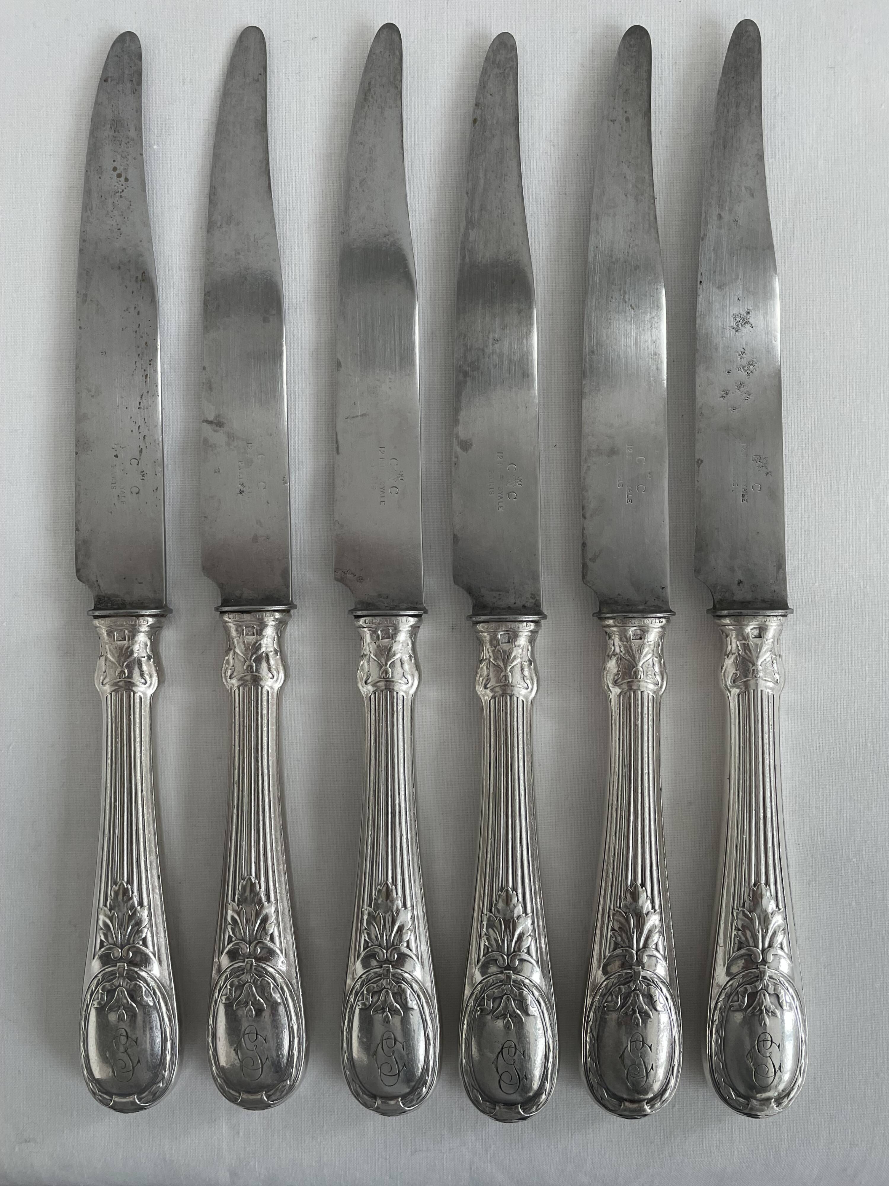 Knife set, Charles Christofle, silver plated metal, Art Nouveau, plant decoration, cheese, large