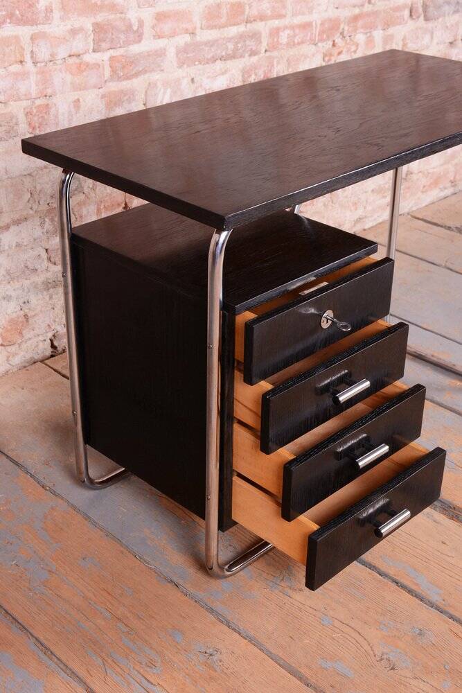 Bauhaus Writing Desk in Oak and Chromed Steel by Robert Slezák, Czech, 1930s