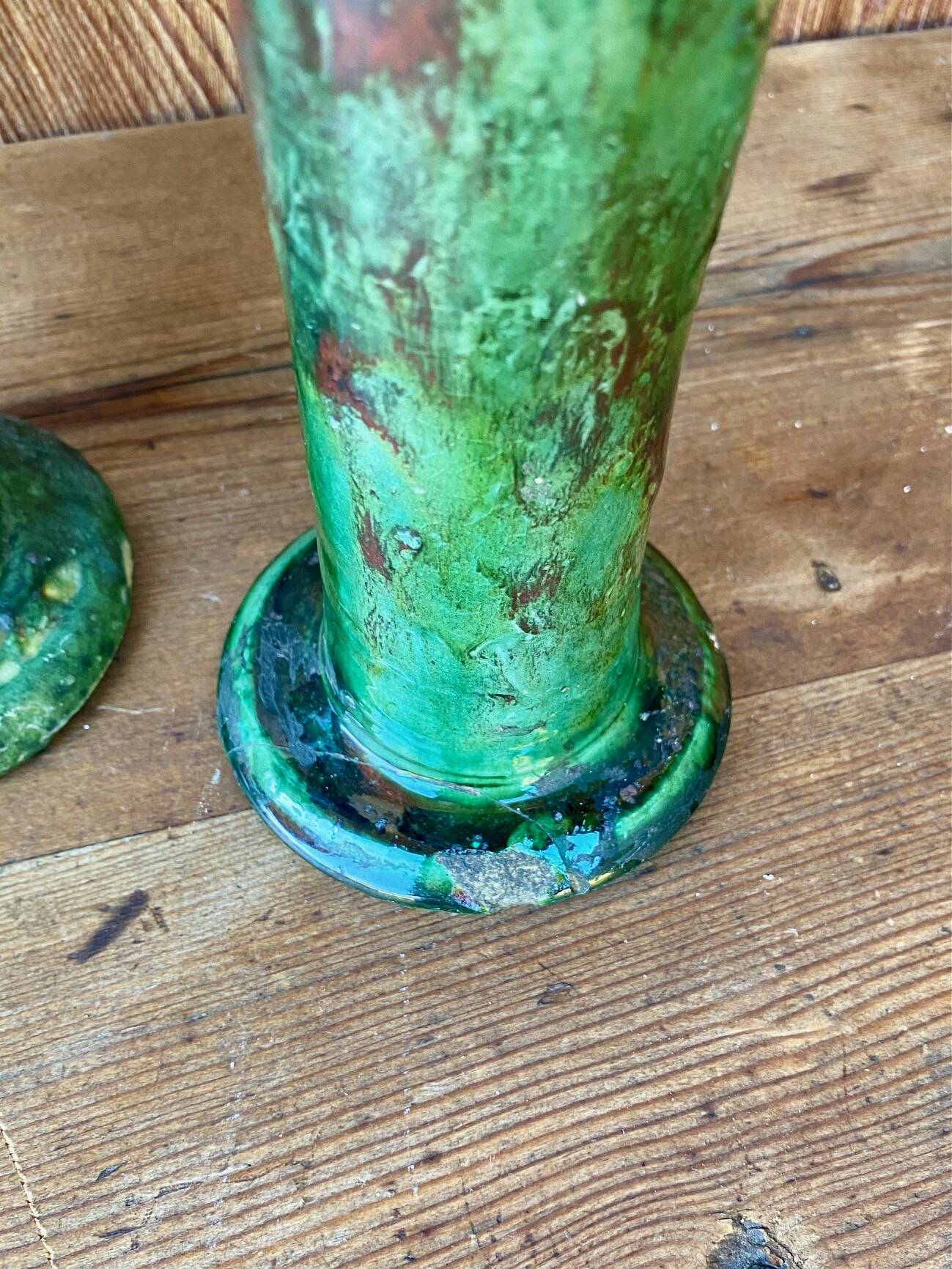 3 Tamegroute candle holders in green glazed ceramic from Morocco.