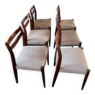 Suite de 6 chaises vintage scandinaves en palissandre de Rio & Velours beige chiné 60’s