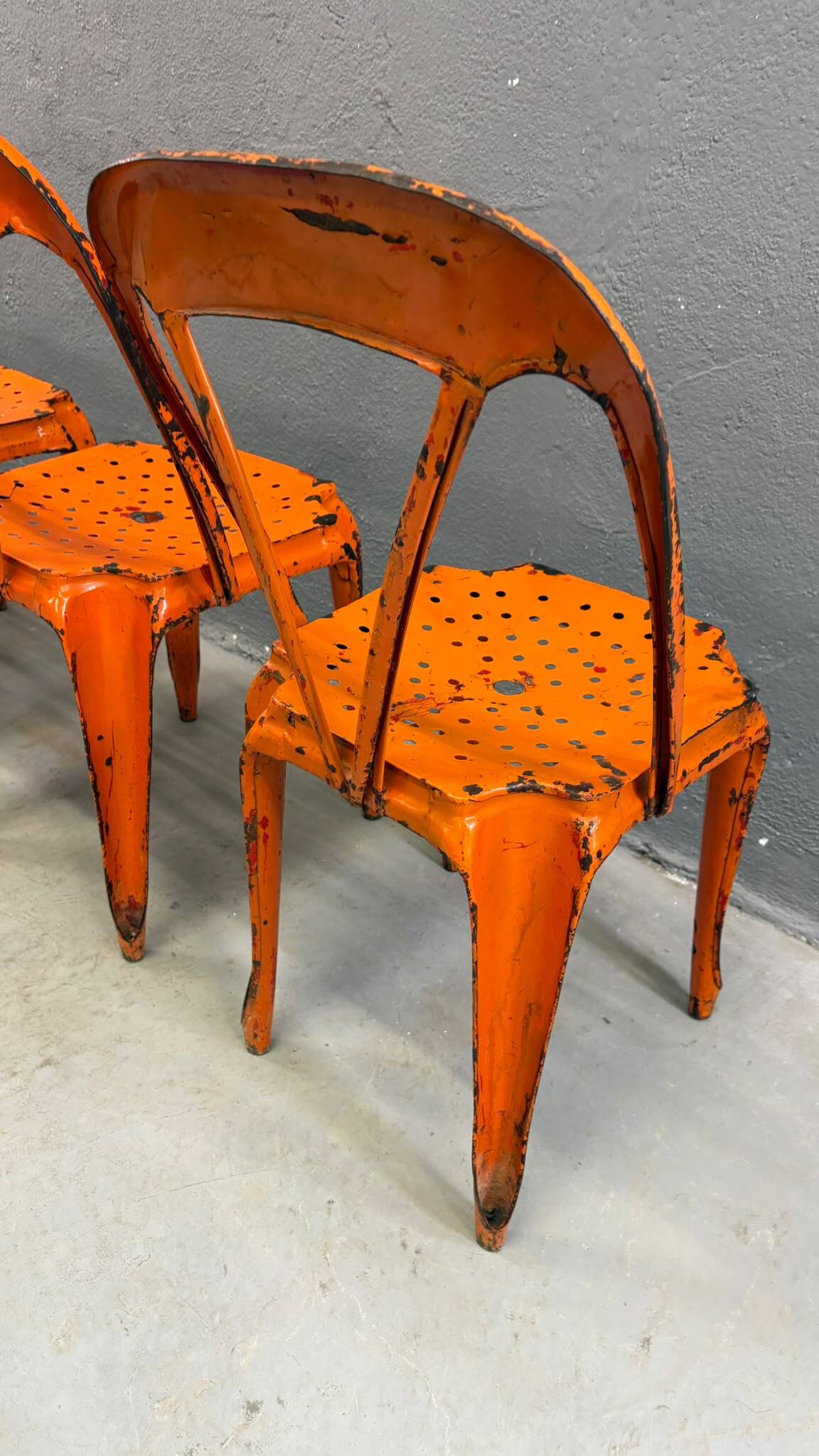 Set of four industrial metal dining chairs by Joseph Mathieu, painted steel, 1920s, France