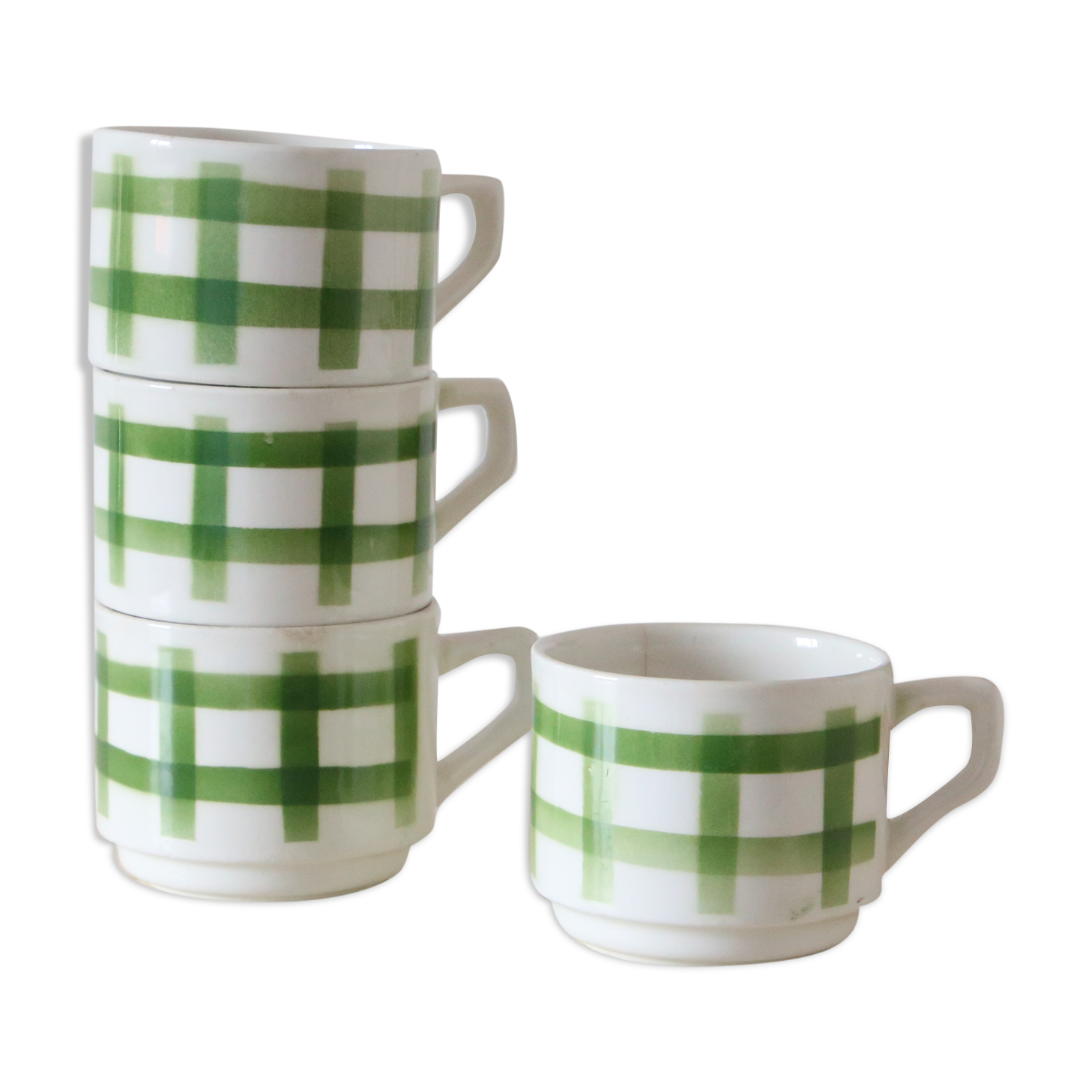 Set of 4 ceramic cups, green tablecloth pattern, French manufacture