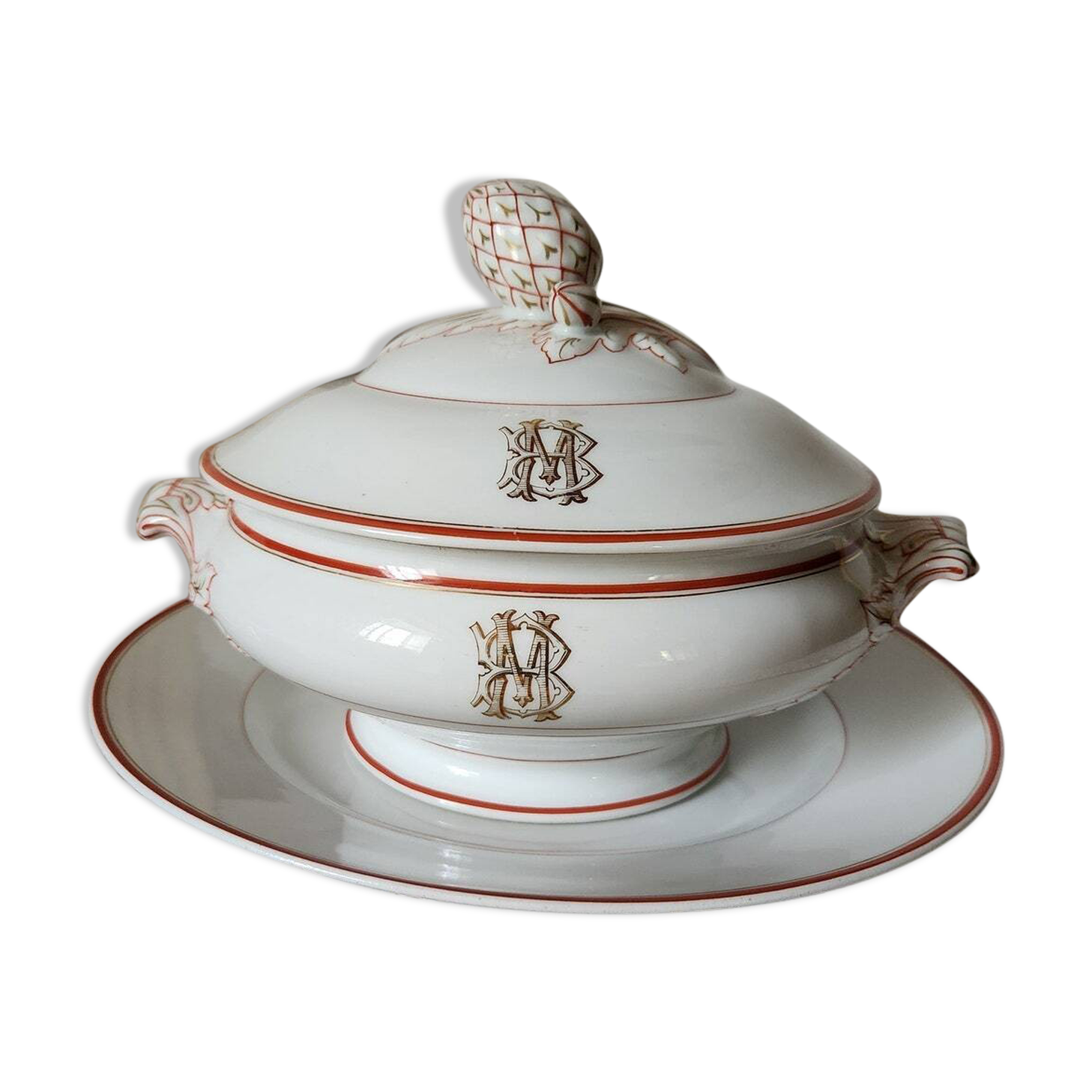 Circa 1900s Pillivuyt Gold 'BM' Monogrammed White Porcelain Soup Tureen