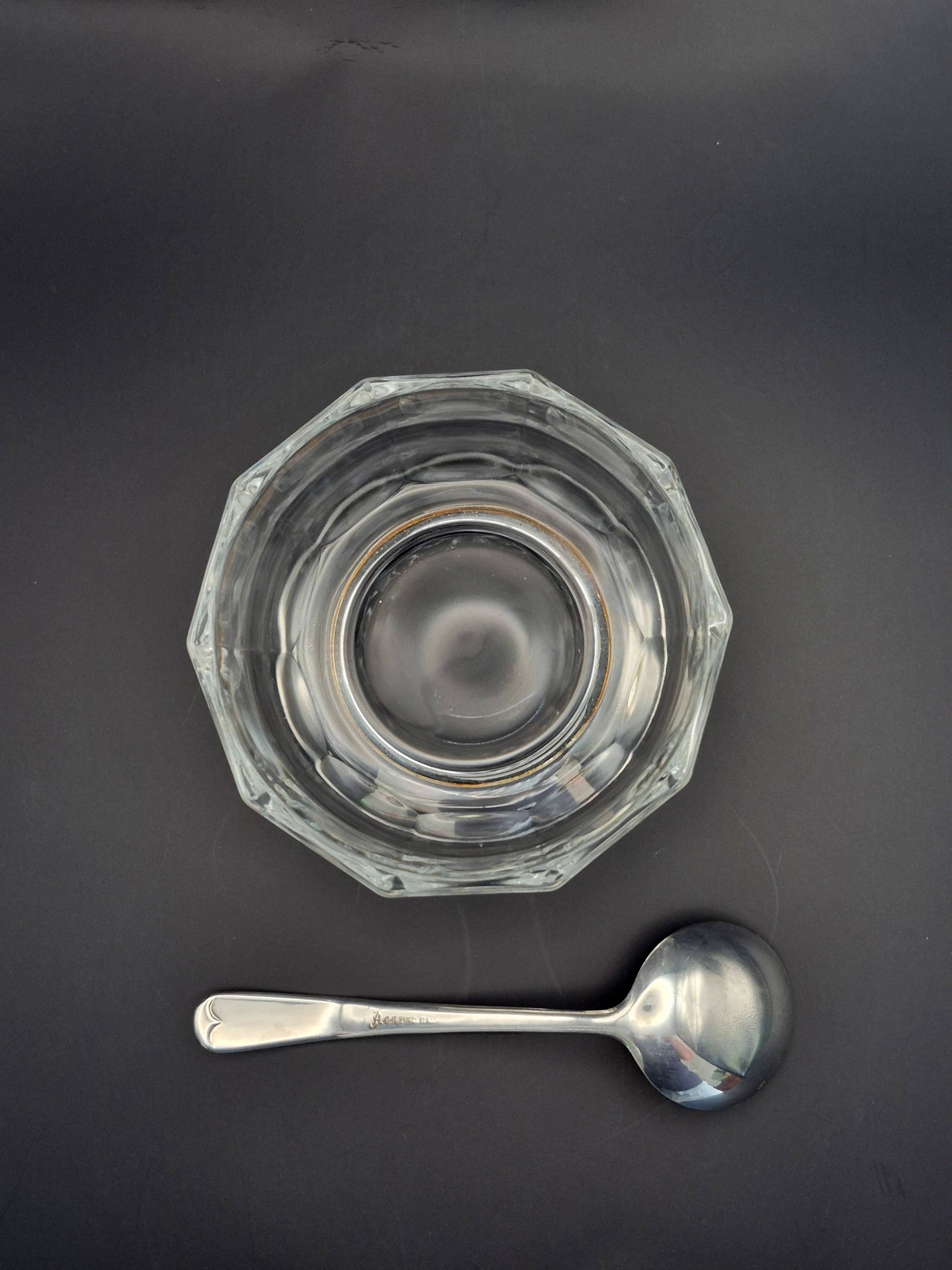 Art Deco thick crystal/glass bowl, silver-plated metal pedestal.