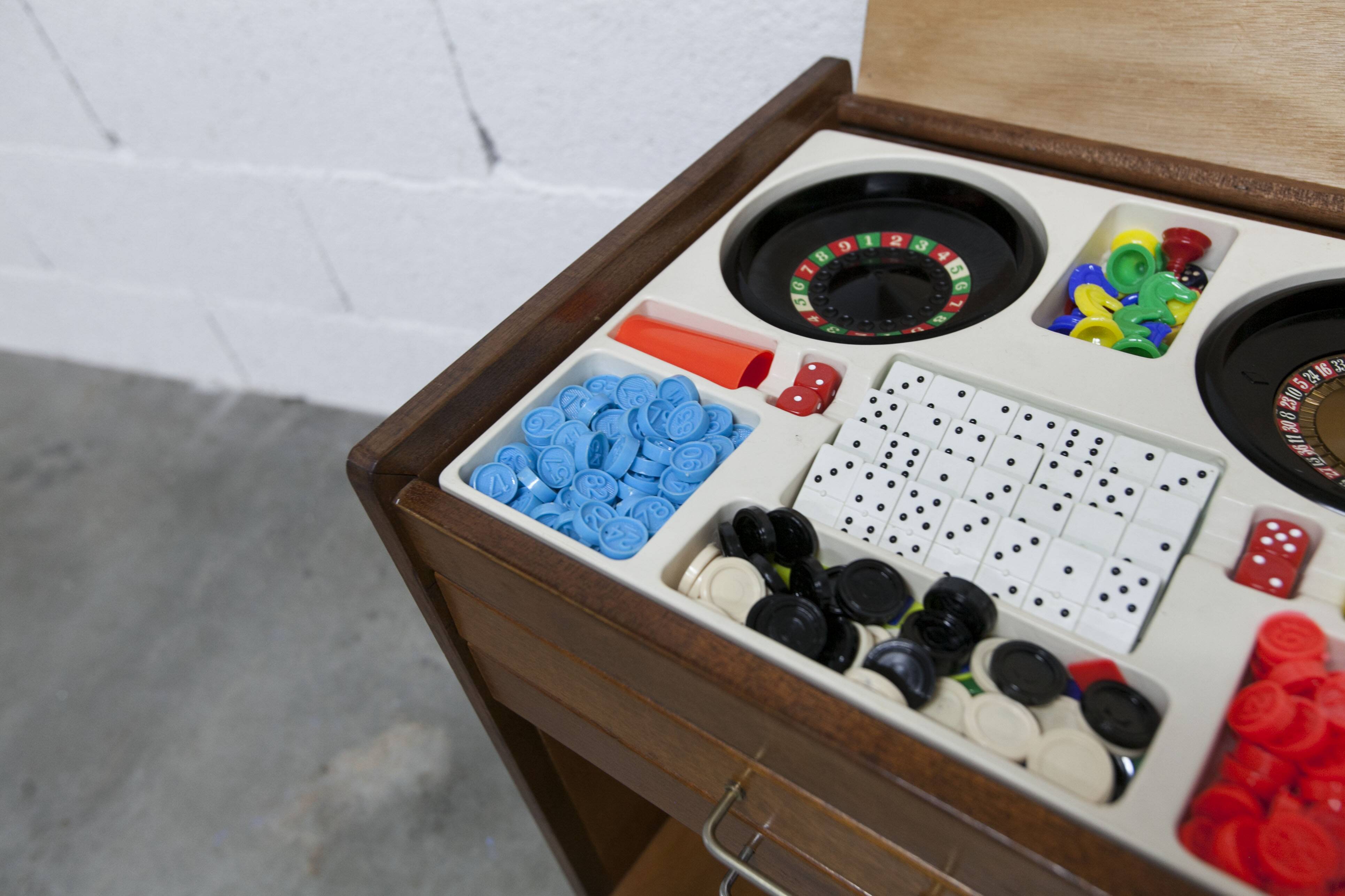 Unique 1960s bedside table with 15 complete games, compass legs, 1960s