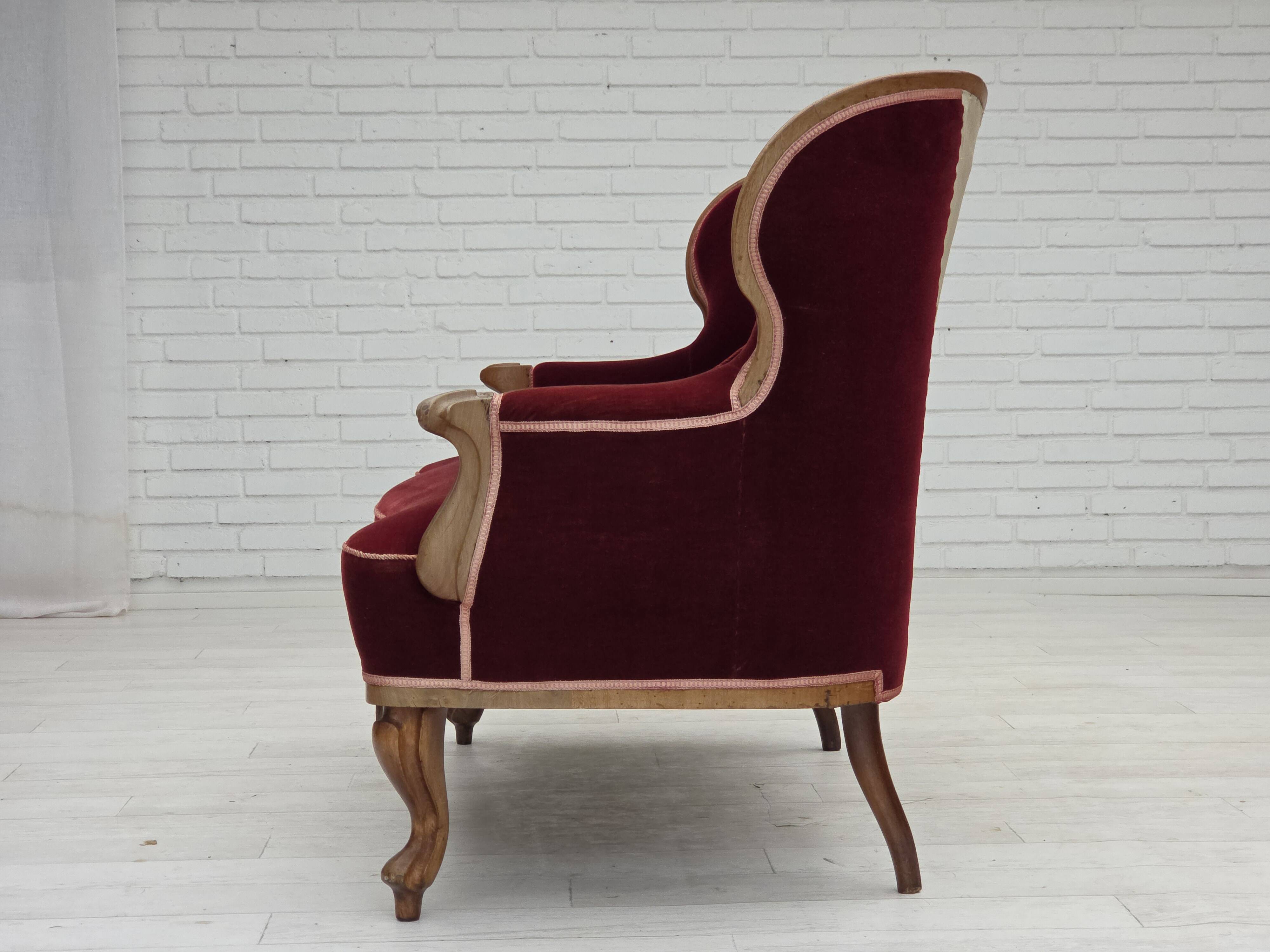 1930s, Danish 2-seater sofa, furniture velour, ash wood, reupholstered.