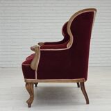 Canapé danois 2 places des années 1930, velours d'ameublement, bois de frêne, retapissé.