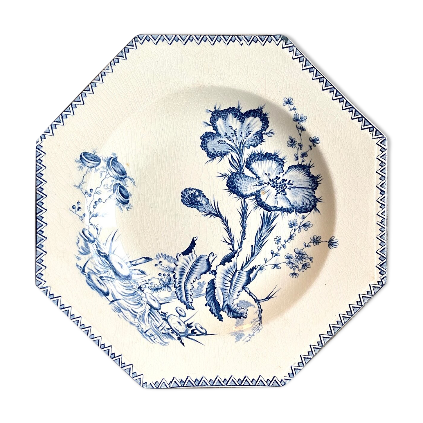Octagonal hollow plate in white and blue iron earth, "Indiana" service